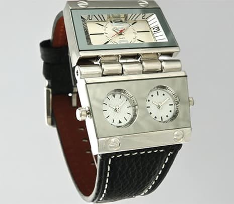 9525 Mens Watch Analog Black Leather Strap 3 Sub-dials